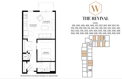 Floor plan for 1 bed, 1 bath, 605 sqft